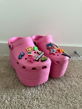 Balenciaga Pink Platform Clog Sandals with Decorative Charms